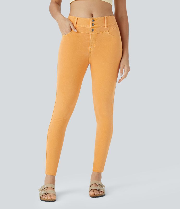Halara Flex™ High Waisted Button Zipper Multiple Pockets Colorful Stretchy Knit Casual Skinny Jeans