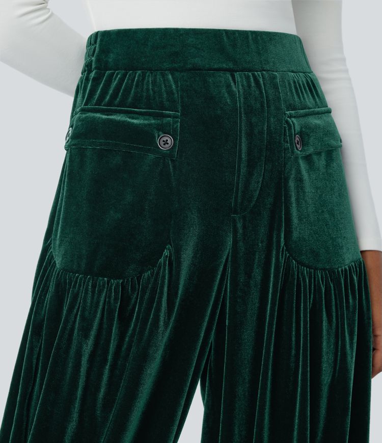 High Waisted Pocket Adjustable Hem Velvet Casual Joggers