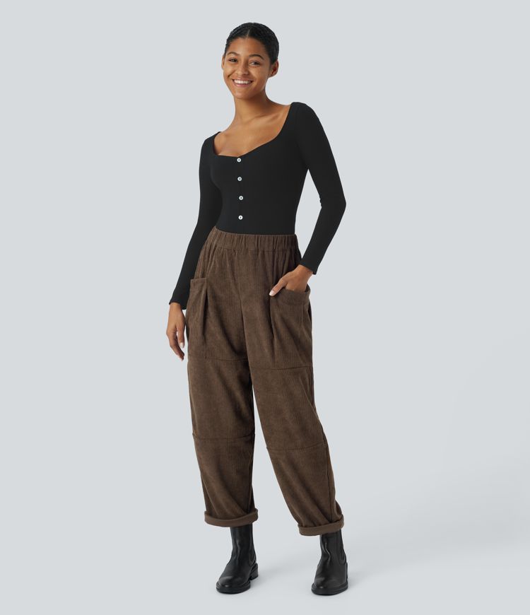 High Waisted Side Pocket Corduroy Casual Trousers