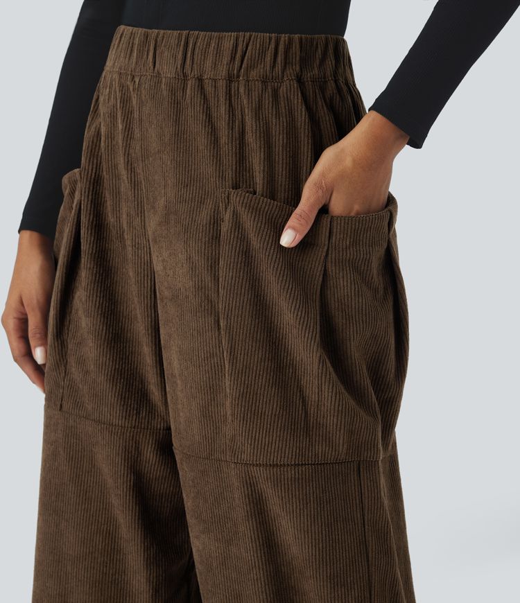 High Waisted Side Pocket Corduroy Casual Trousers