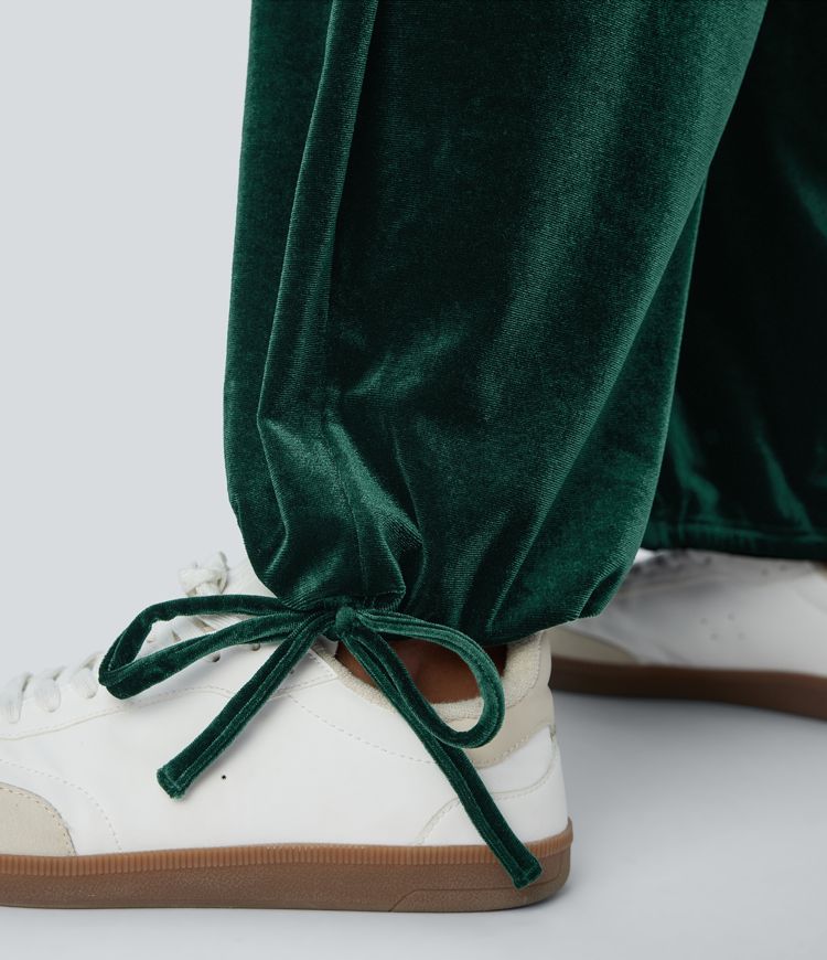 High Waisted Pocket Adjustable Hem Velvet Casual Joggers