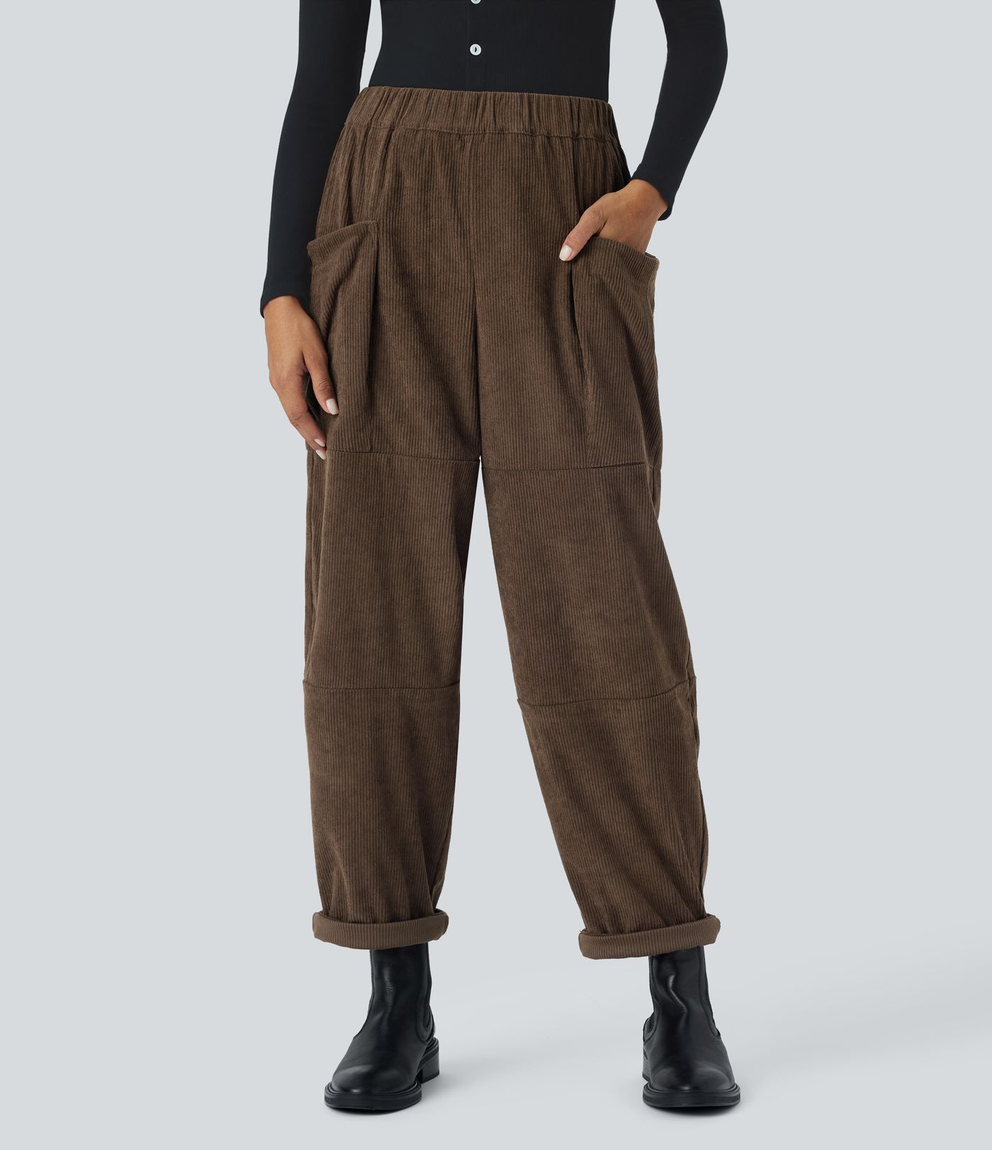 High Waisted Pocket Corduroy Casual Pants