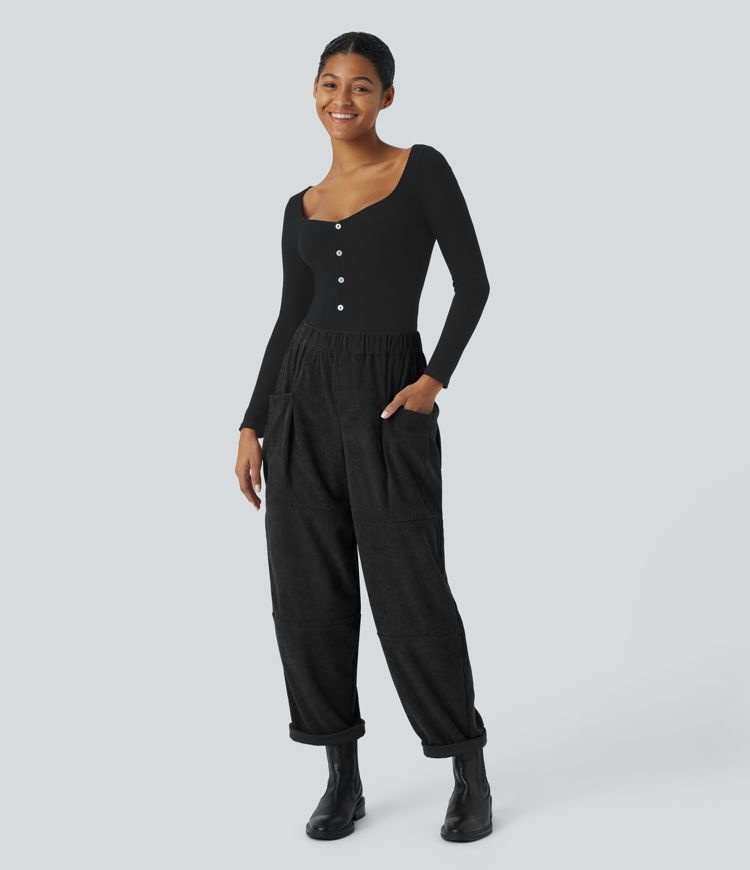 High Waisted Pocket Corduroy Casual Pants