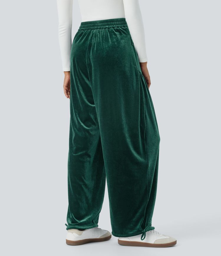 High Waisted Pocket Adjustable Hem Velvet Casual Joggers