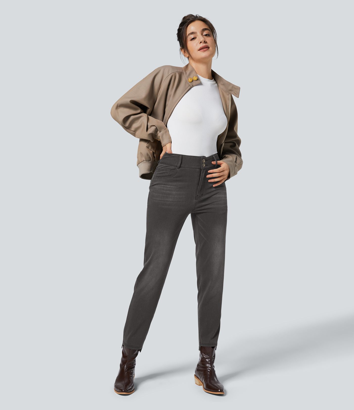 Halara Flex™ High Waist Button Zipper Multi-Pocket Straight Leg Washed Stretch Knit Casual Jeans