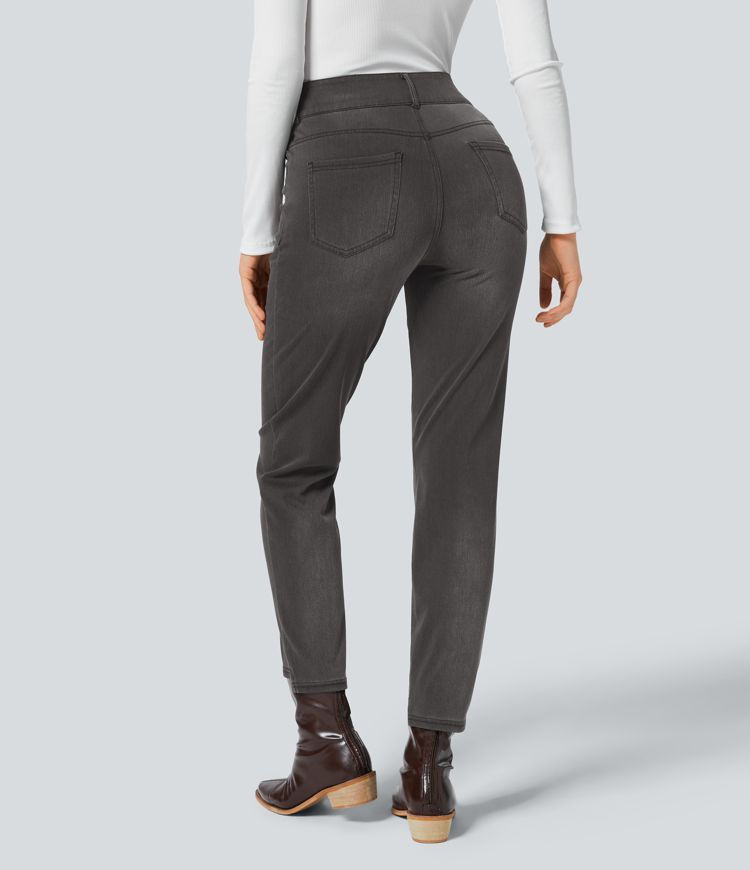 Halara Flex™ High Waist Button Zipper Multi-Pocket Straight Leg Washed Stretch Knit Casual Jeans