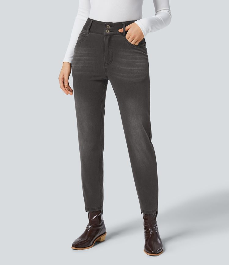 Jeans Halara Flex™ Denim mezclilla elástica lavada pierna recta múltiples bolsillos cremallera botón tiro alto