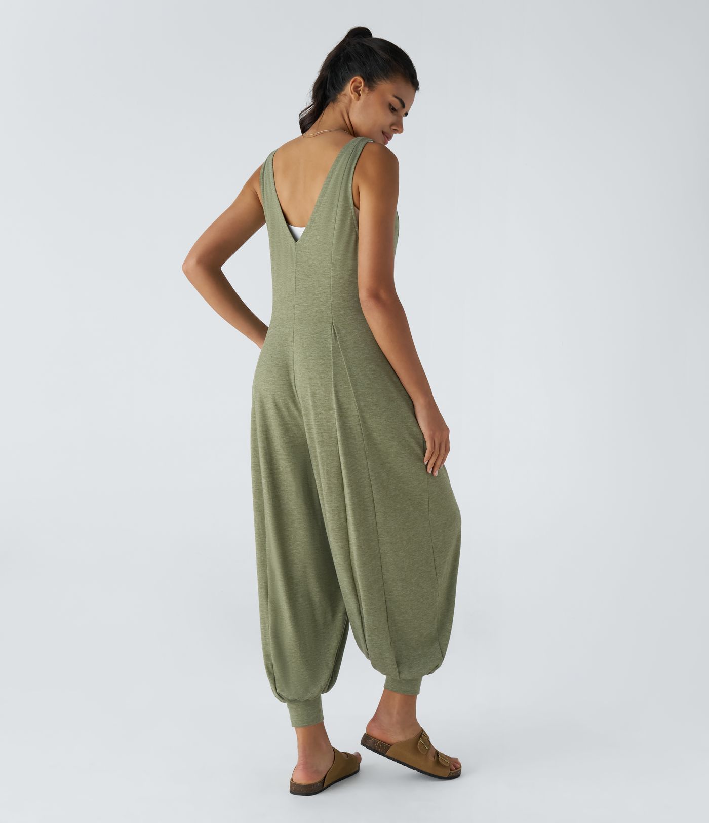 V Neck Pocket Draped Casual Jumpsuit
