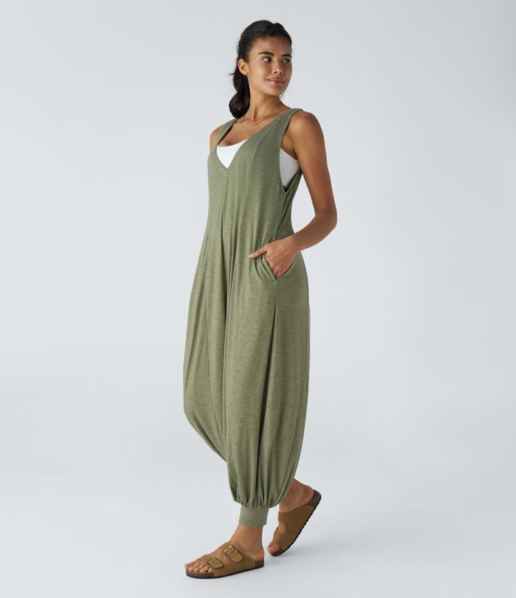 Combinaison Casual Fluide Drapée Poche Latérale Col en V Jambe Large