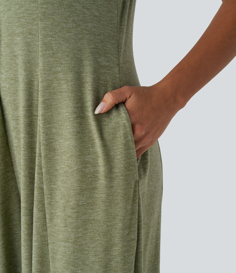 Combinaison Casual Fluide Drapée Poche Latérale Col en V Jambe Large