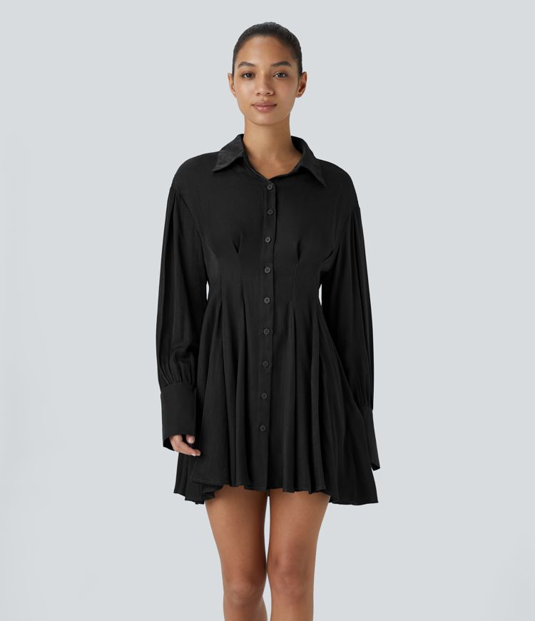 Robe-chemise patineuse courte à col et manches longues