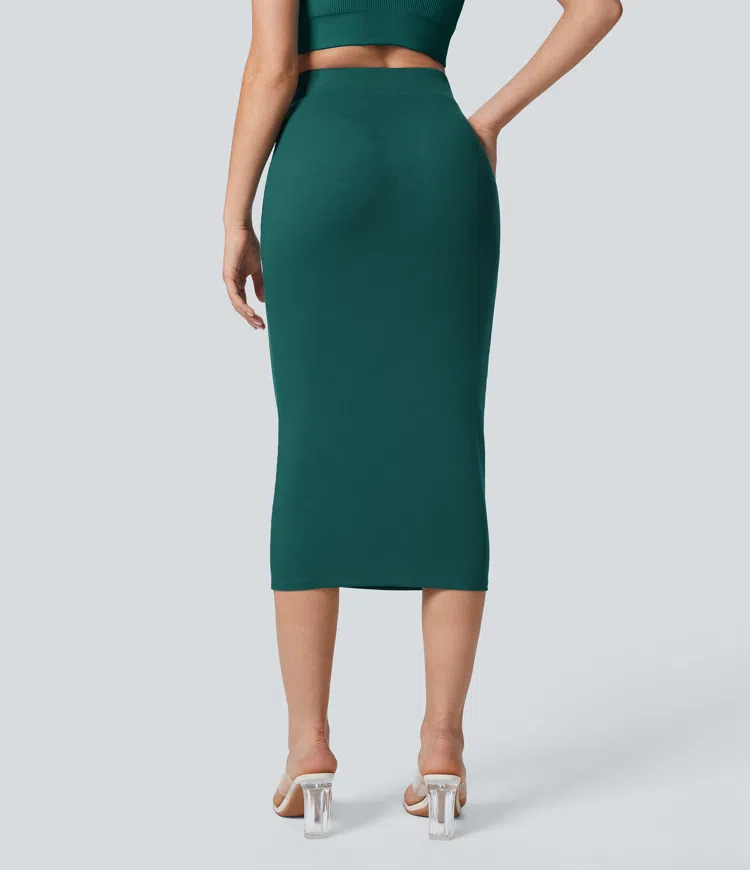 Ribbed High Waist Bodycon Midi Casual Skirt