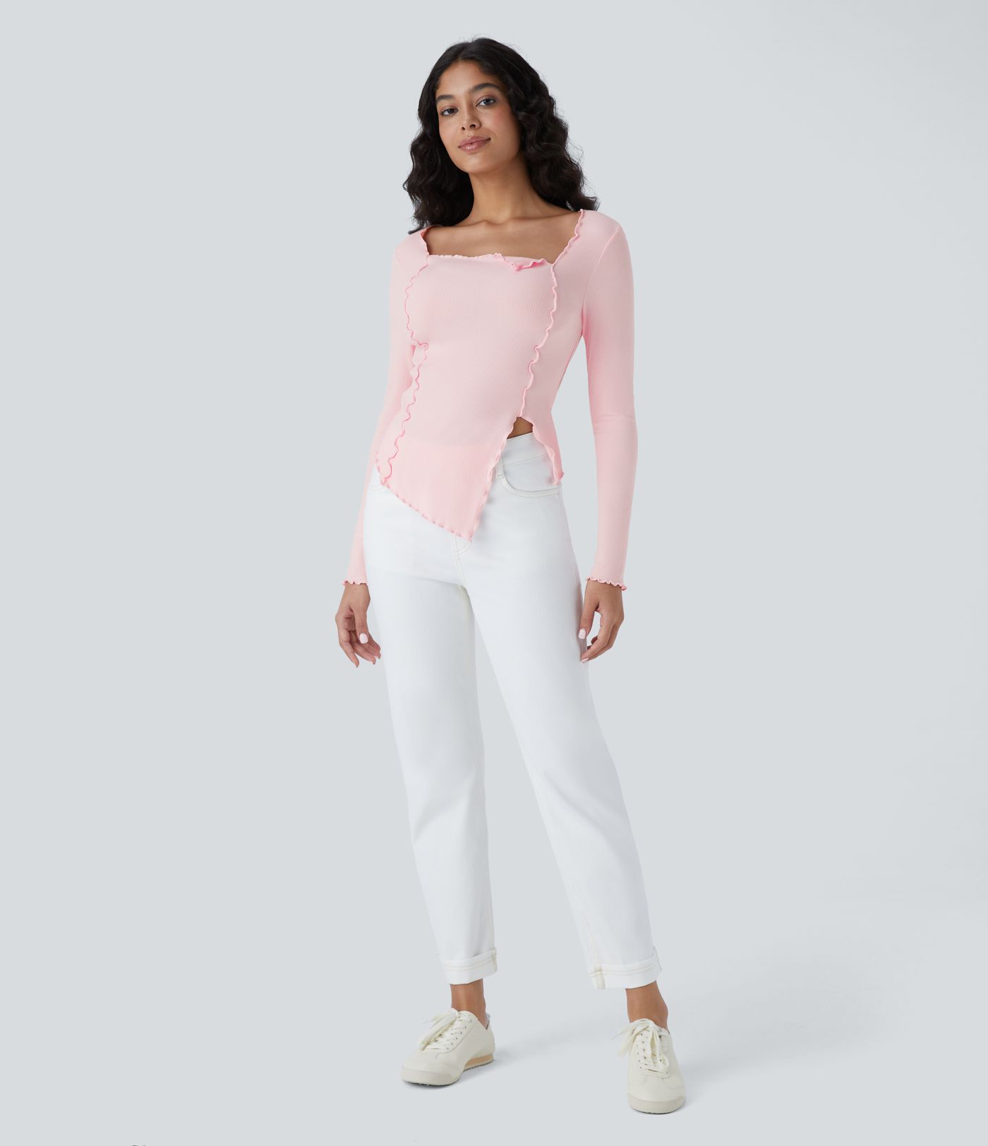 Ribbed Knit Square Neck Lettuce Trim Asymmetrical Hem Slim Casual Top