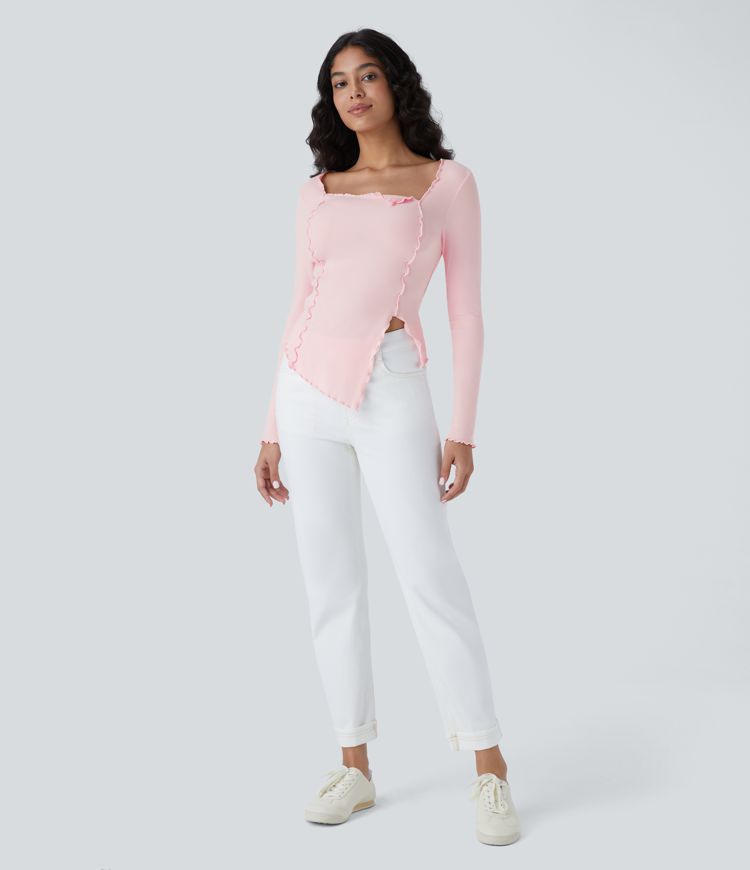 Top ajustado cuello cuadrado ribete lechuga dobladillo asimétrico acanalado