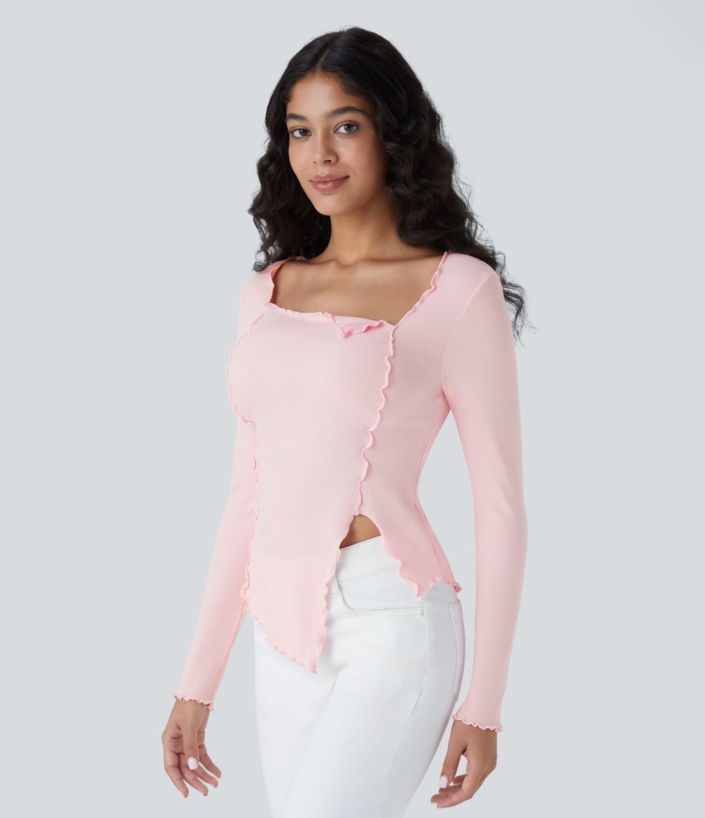 Ribbed Knit Square Neck Lettuce Trim Asymmetrical Hem Slim Casual Top