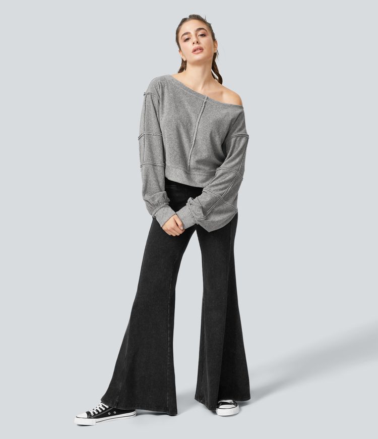 Boat Neck Bishop Sleeve Raw Trim Casual Sweatshirt