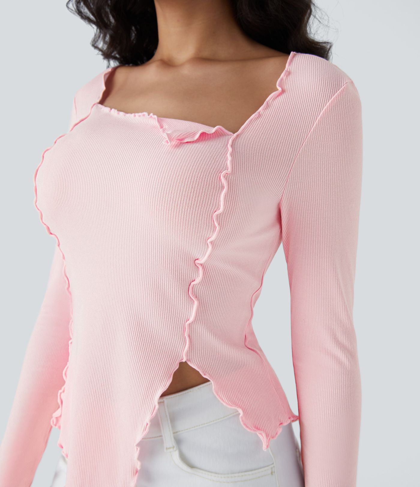 Ribbed Knit Square Neck Lettuce Trim Asymmetrical Hem Slim Casual Top