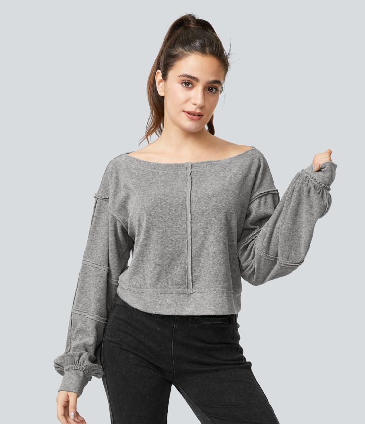 Boat Neck Bishop Sleeve Raw Trim Casual Sweatshirt