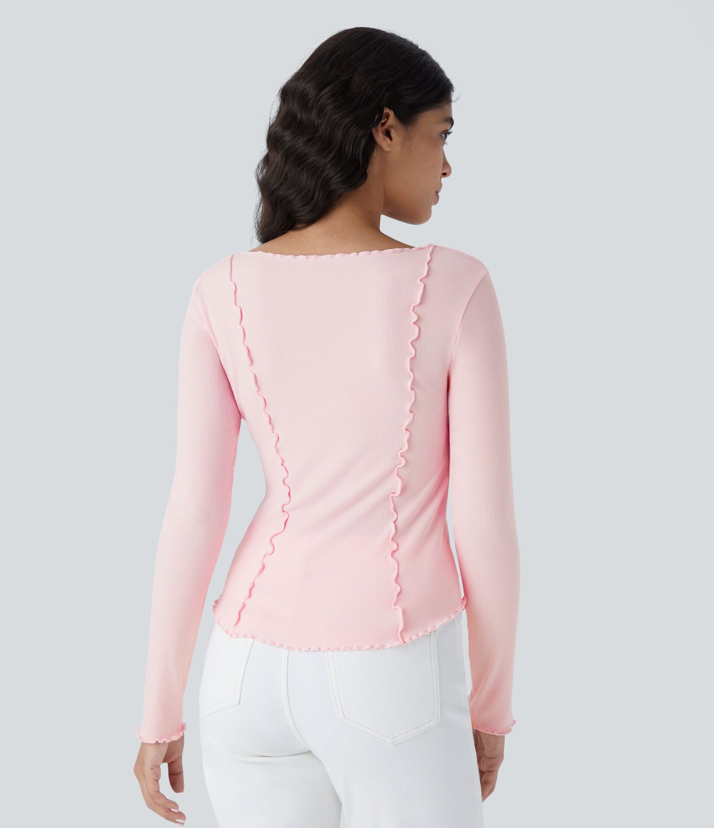 Ribbed Knit Square Neck Lettuce Trim Asymmetrical Hem Slim Casual Top