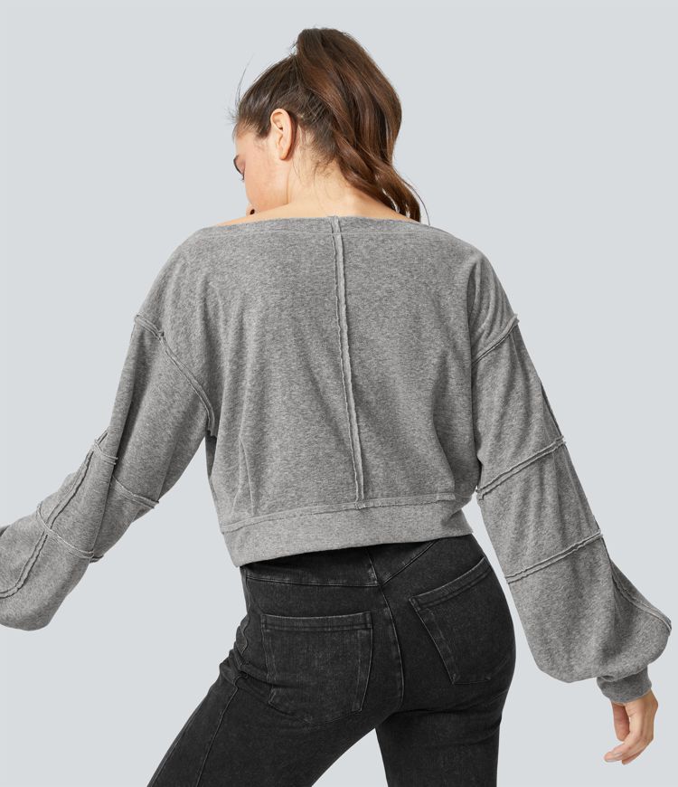 Boat Neck Bishop Sleeve Raw Trim Casual Sweatshirt