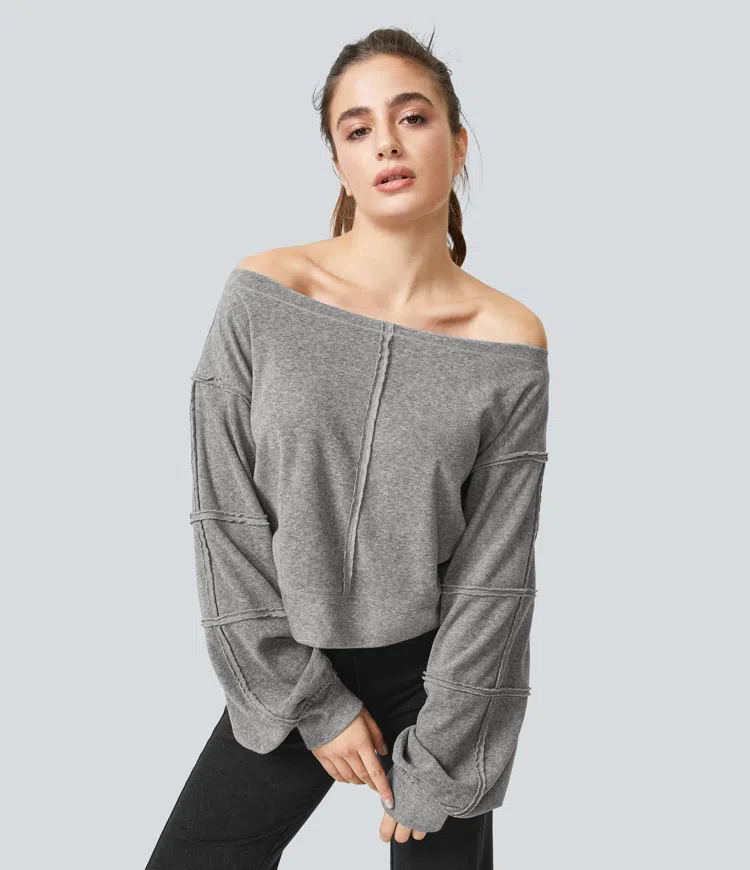 Boat neck bishop sleeve with row trim casual sweatshirt