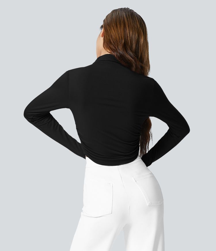 Top Casual Slim Col Montant Fronces Latérales Ourlet Arrondi