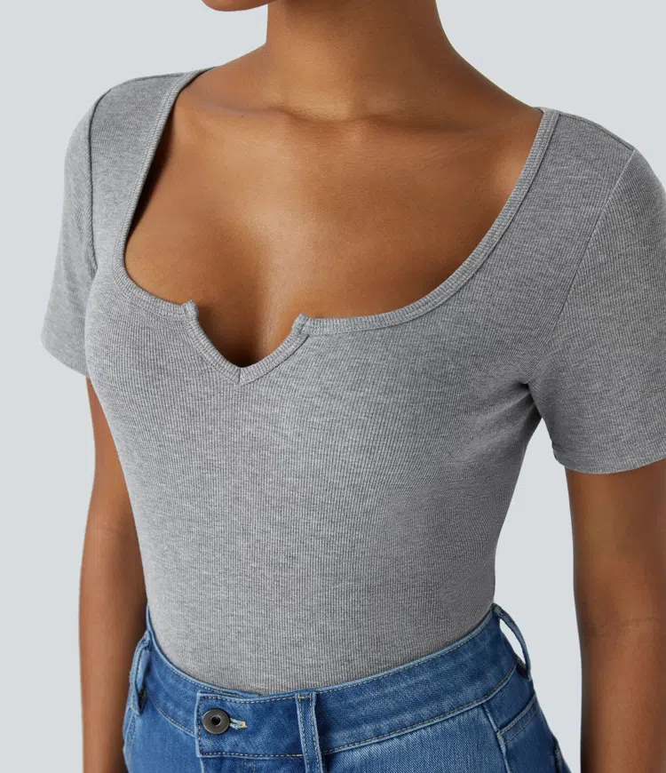 Ribbed Notch Scoop Neck Half Sleeve Slim Casual Top