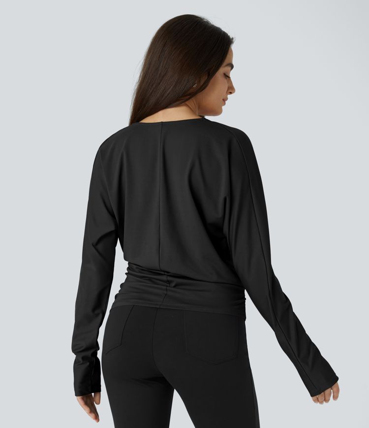 V Neck Long Sleeve Crossover Ruched Solid Work Top