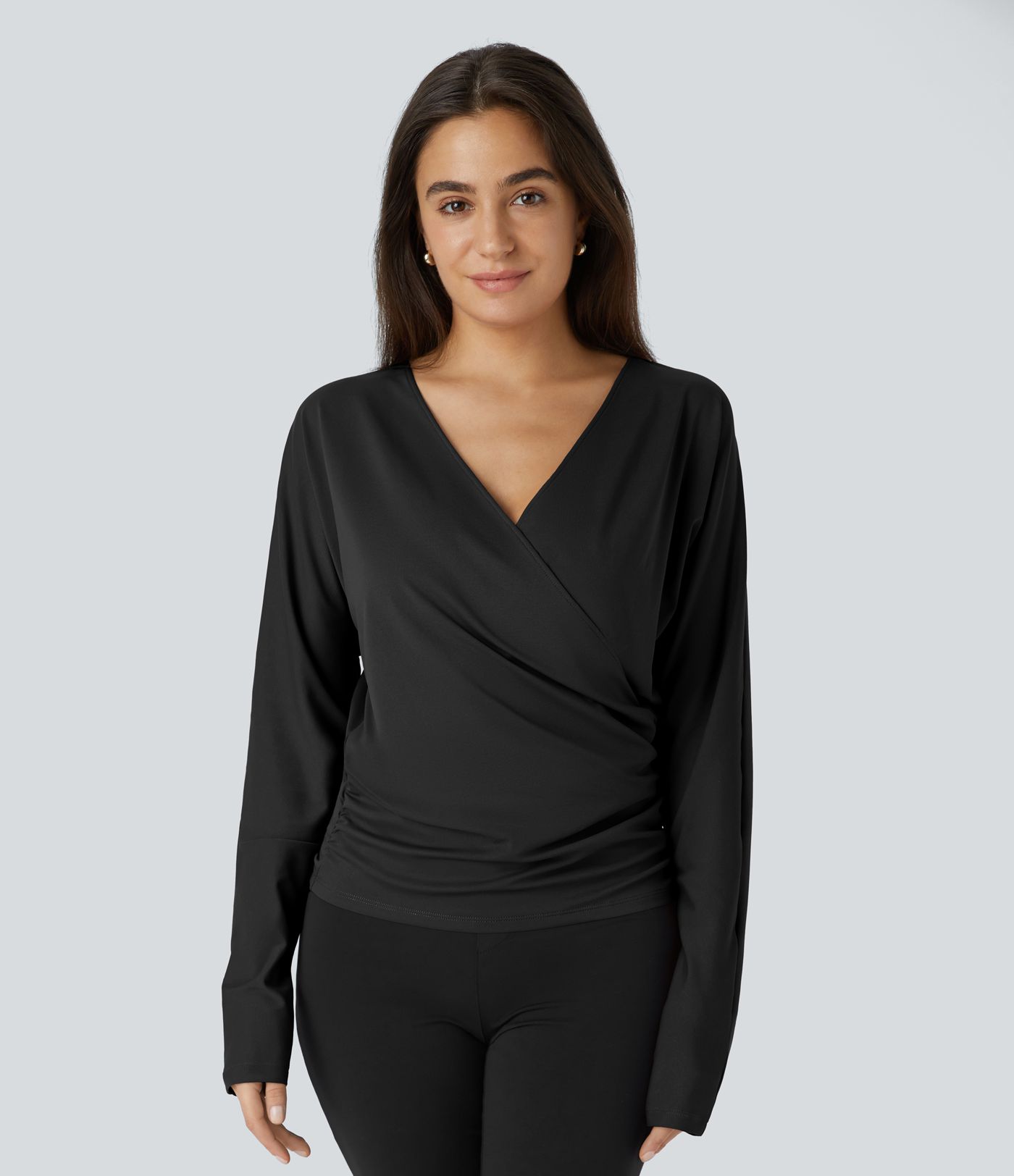 V-Ausschnitt Langarm Wickel Gerafftes Einfarbiges Arbeits-Top