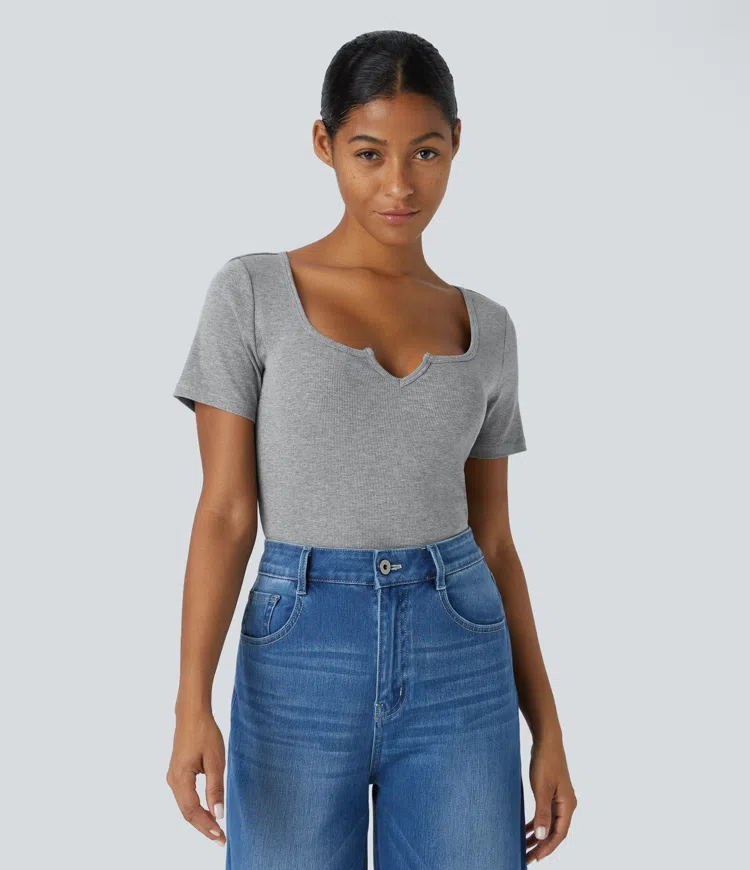 Ribbed Notch Scoop Neck Half Sleeve Slim Casual Top
