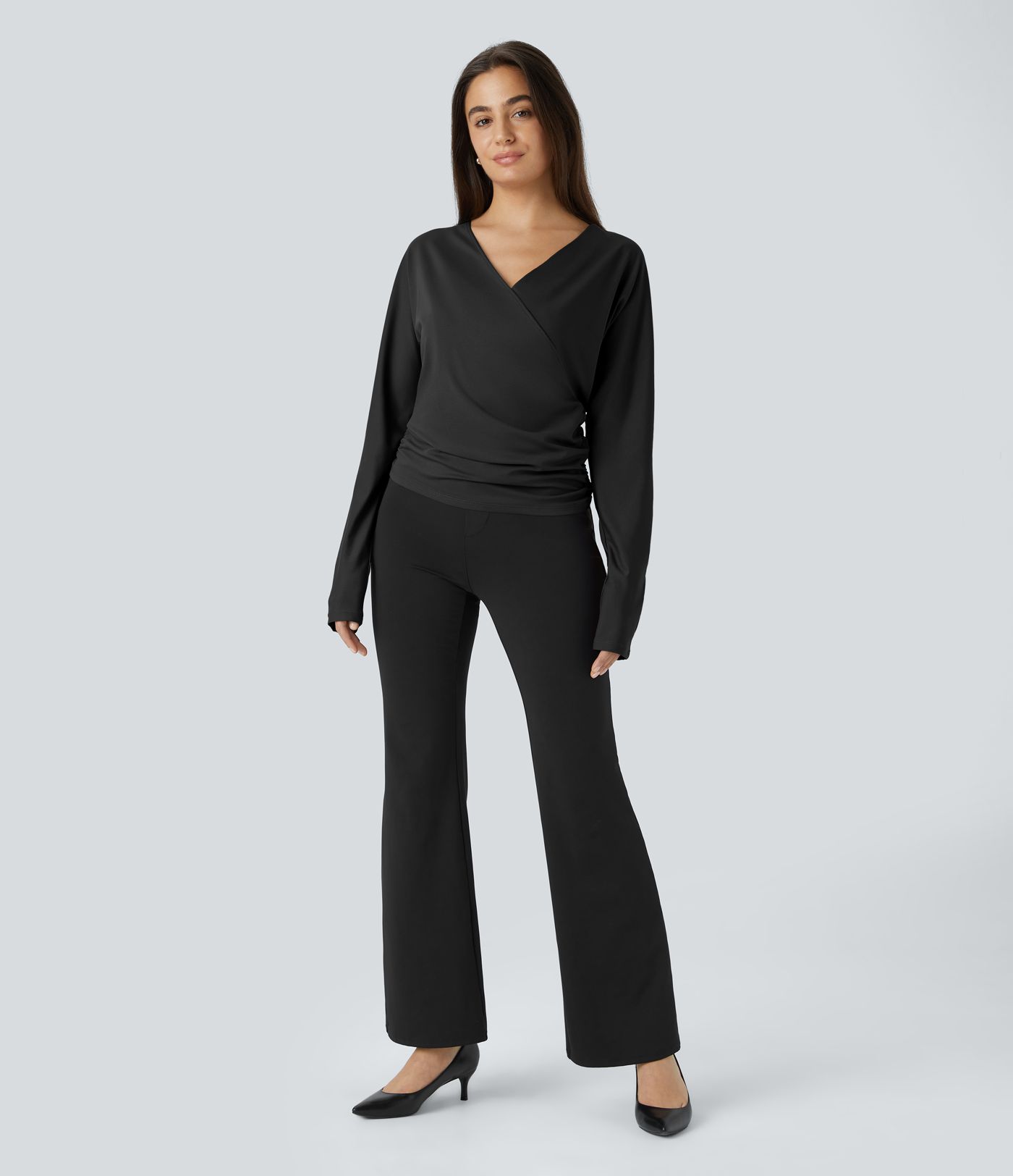 V-Ausschnitt Langarm Wickel Gerafftes Einfarbiges Arbeits-Top