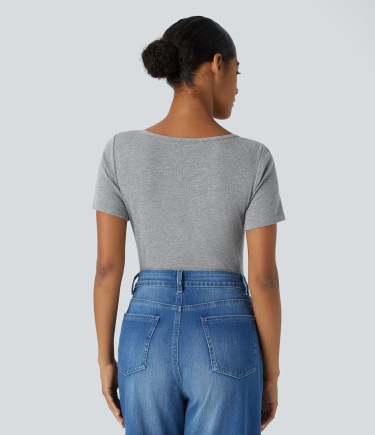 Ribbed Notched Scoop Neck Short Sleeve Slim Casual Top