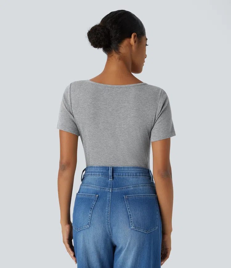 Ribbed Notch Scoop Neck Half Sleeve Slim Casual Top