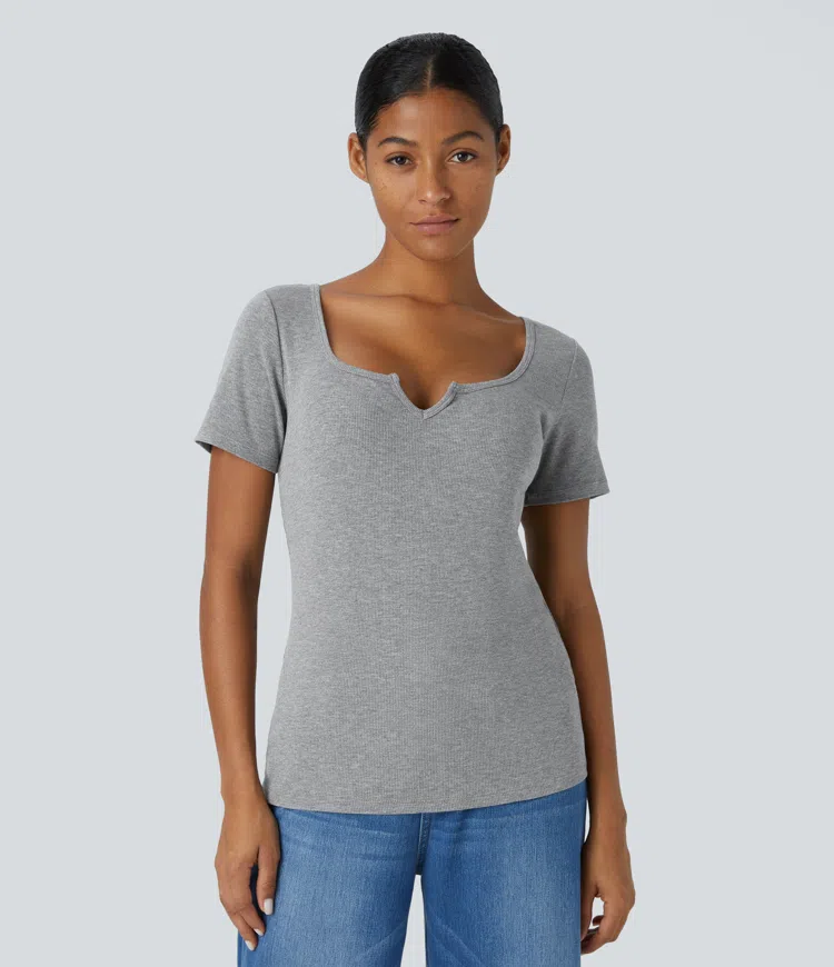 Ribbed Notch Scoop Neck Half Sleeve Slim Casual Top