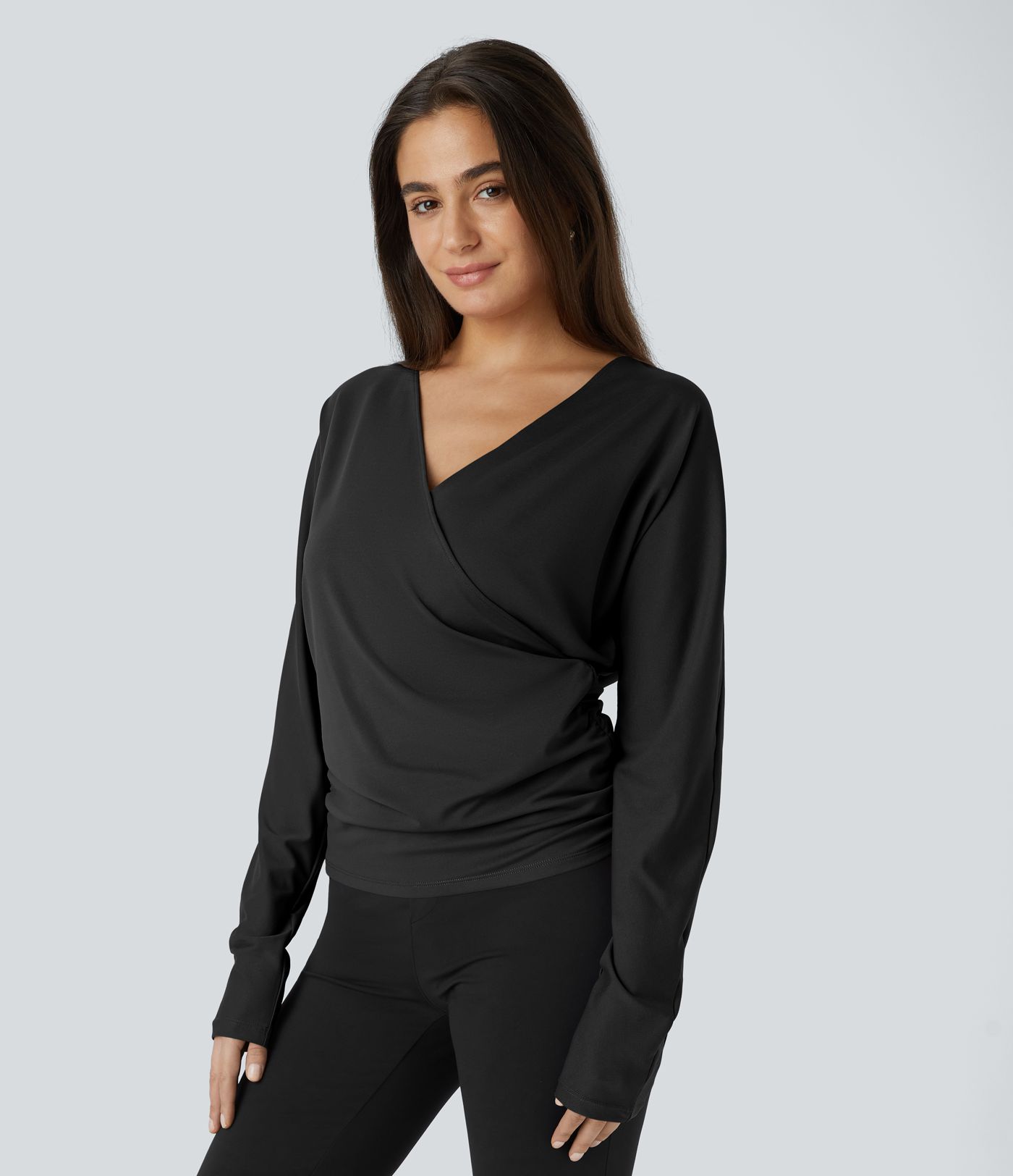 V-Ausschnitt Langarm Wickel Gerafftes Einfarbiges Arbeits-Top