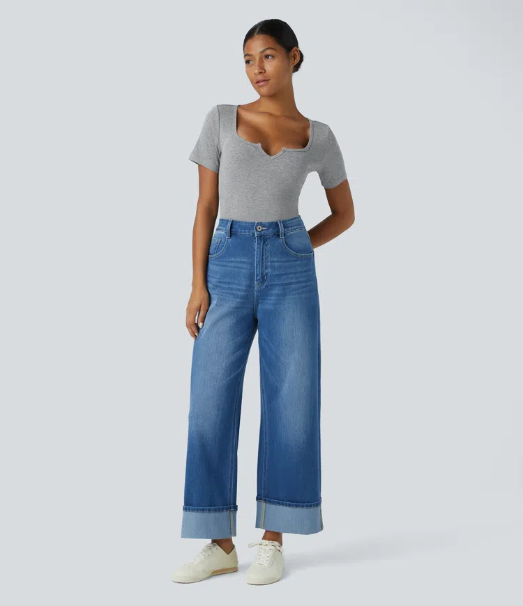Ribbed Notch Scoop Neck Half Sleeve Slim Casual Top