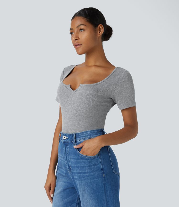 Ribbed Notched Scoop Neck Short Sleeve Slim Casual Top
