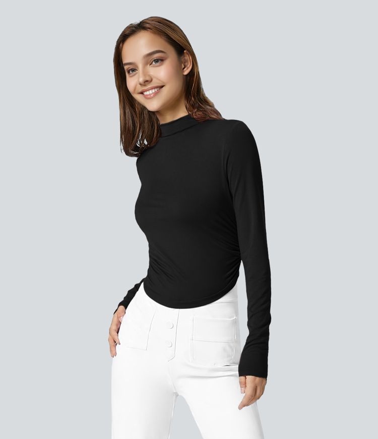 Top Casual Slim Col Montant Fronces Latérales Ourlet Arrondi