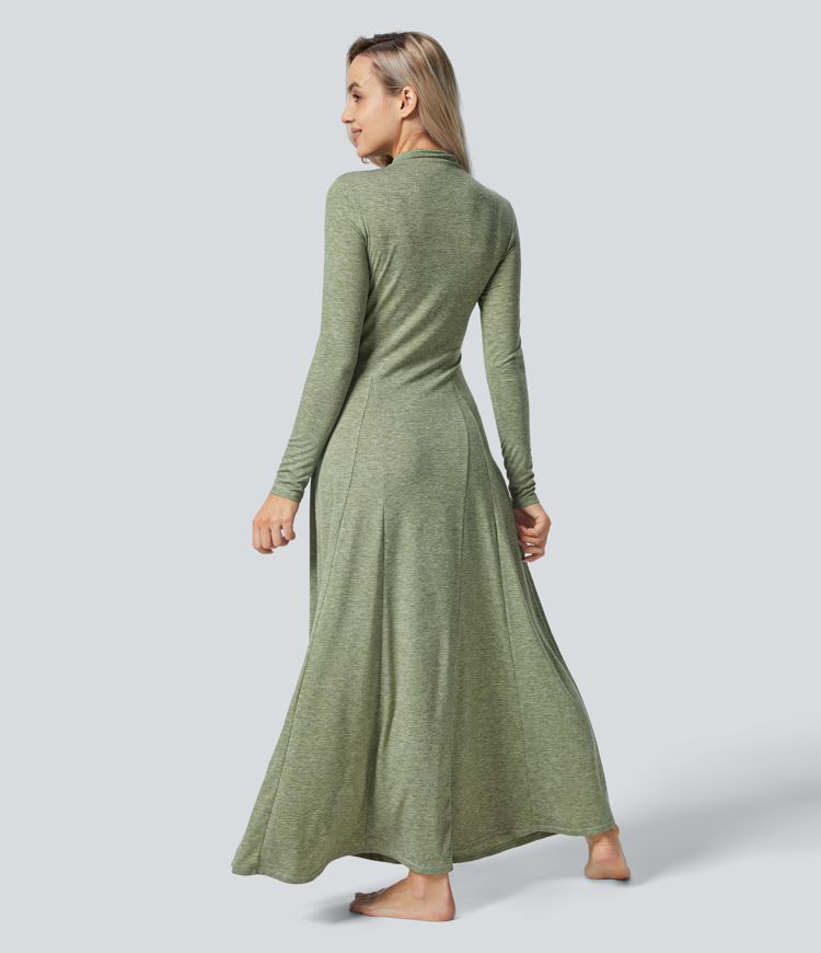 Vestido maxi cuello alto manga larga acampanada