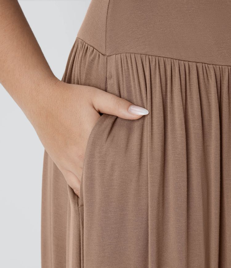 Robe Côtelée Col Bateau Froncé Poche Latérale Fluide Maxi Casual Grande Taille