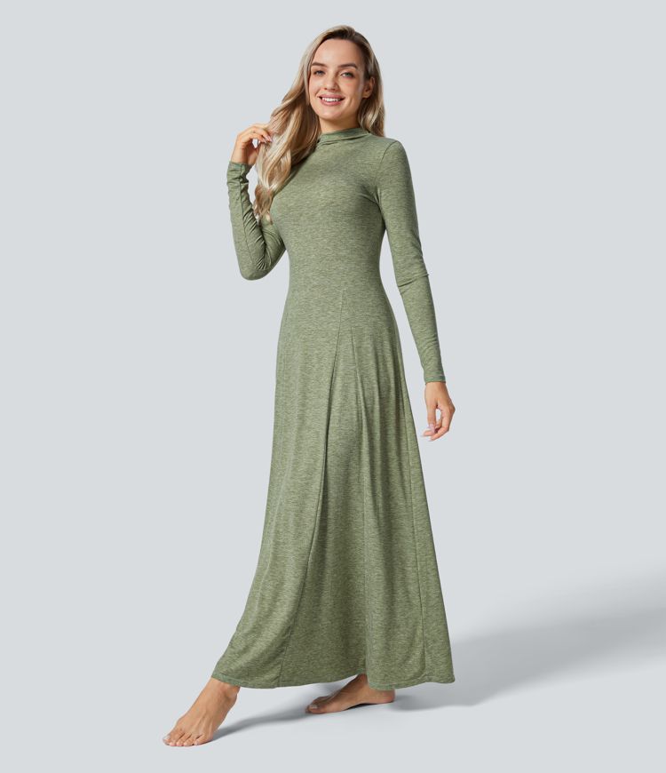 Vestido maxi cuello alto manga larga acampanada