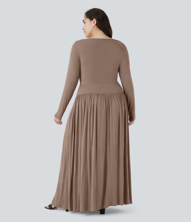 Plus-Size, lässiges, fließendes Maxikleid mit U-Boot-Ausschnitt, Rüschen und Seitentaschen