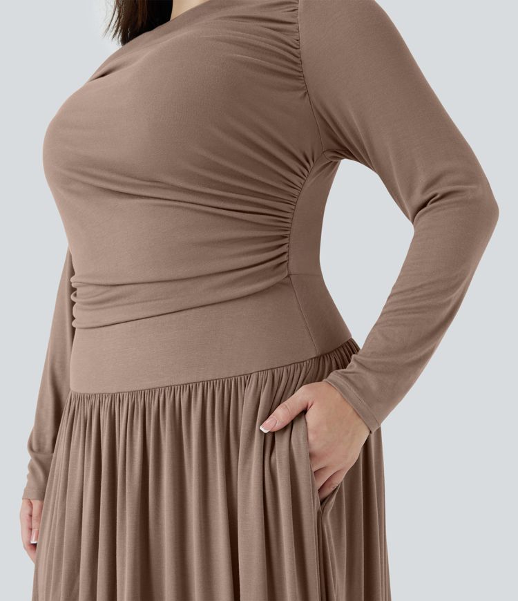 Plus-Size, lässiges, fließendes Maxikleid mit U-Boot-Ausschnitt, Rüschen und Seitentaschen