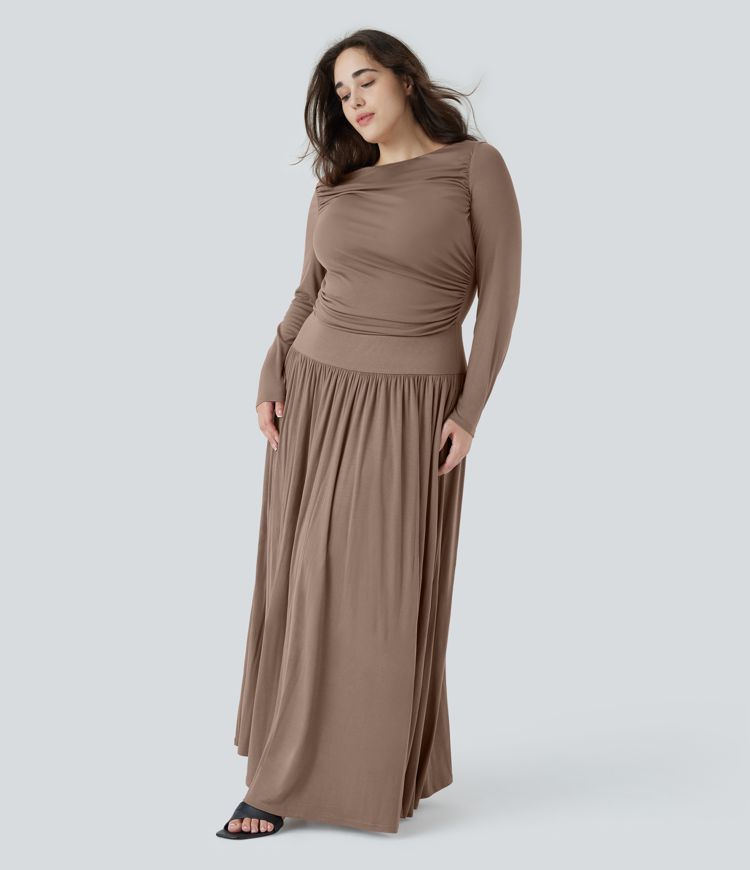 Plus-Size, lässiges, fließendes Maxikleid mit U-Boot-Ausschnitt, Rüschen und Seitentaschen