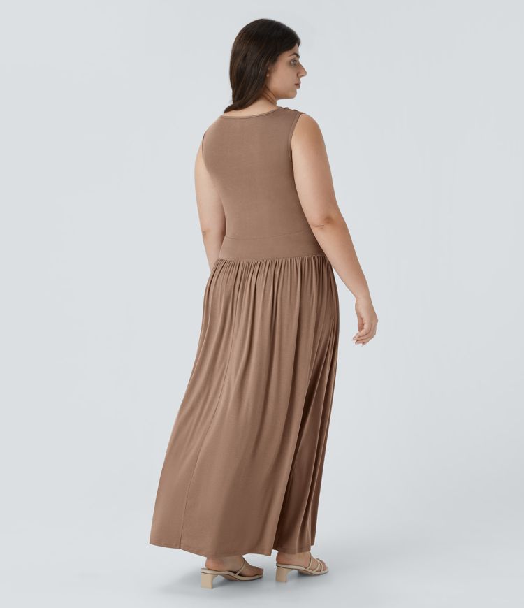 Robe Côtelée Col Bateau Froncé Poche Latérale Fluide Maxi Casual Grande Taille