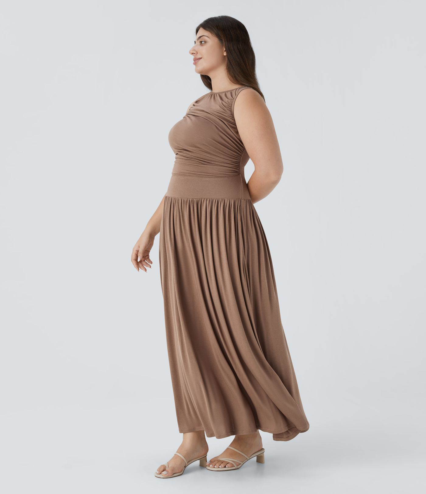 Ribbed Boat Neck Ruched Side Pocket Flowy Maxi Casual Plus Size Dress