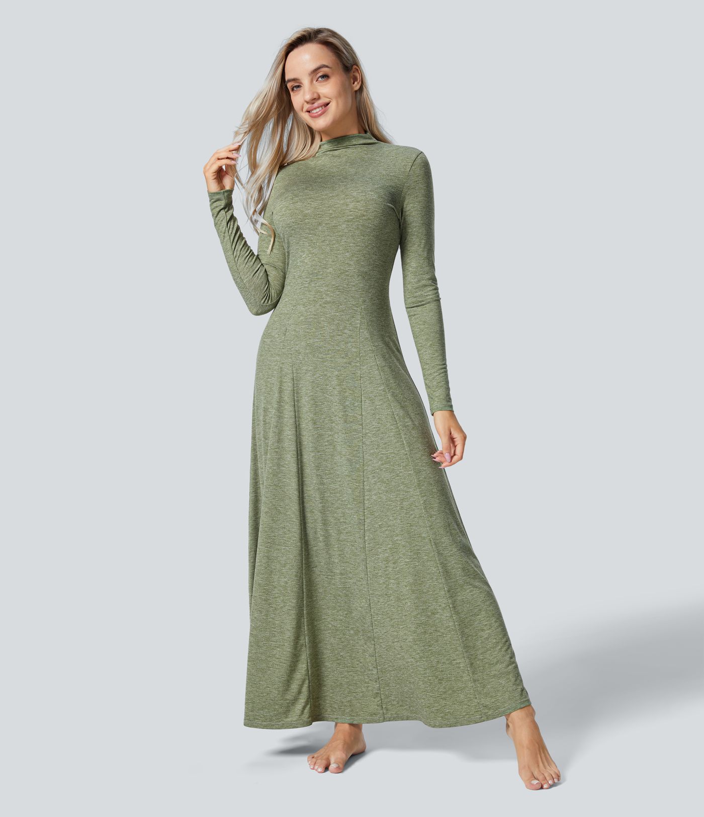 Funnel Neck Long Sleeve Flare Maxi Casual Dress