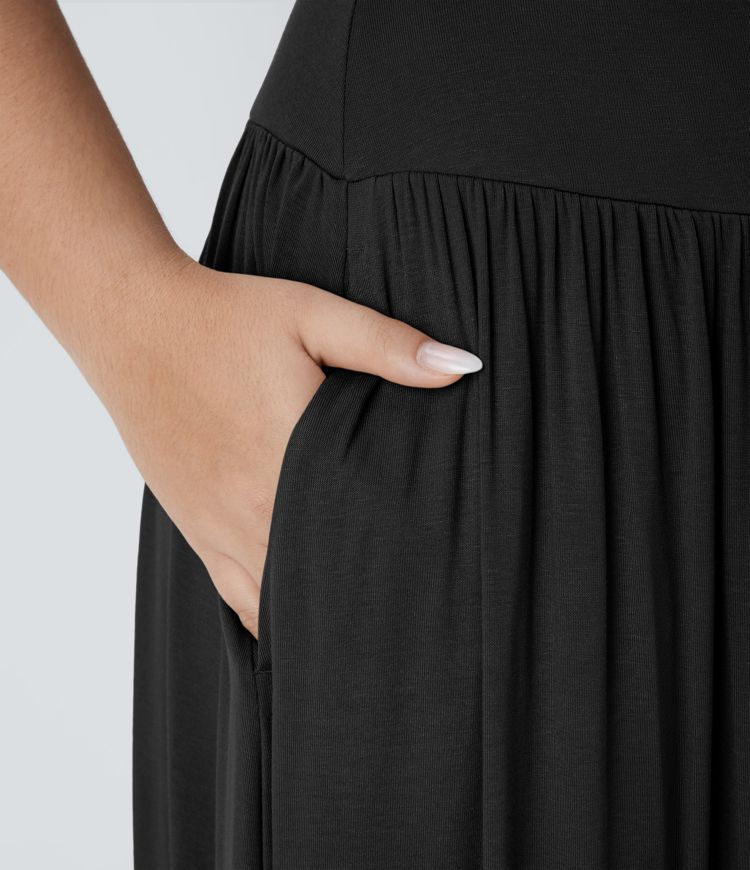 Ribbed Boat Neck Ruched Side Pocket Flowy Maxi Casual Plus Size Dress