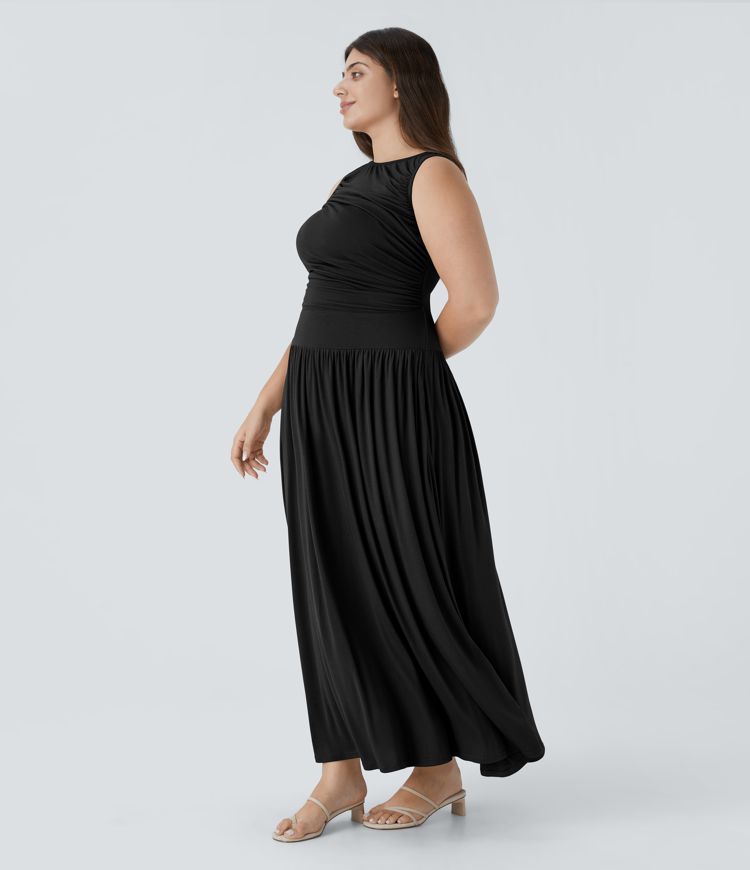 Ribbed Boat Neck Ruched Side Pocket Flowy Maxi Casual Plus Size Dress