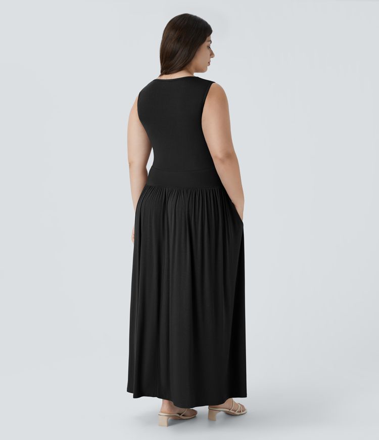 Ribbed Boat Neck Ruched Side Pocket Flowy Maxi Casual Plus Size Dress